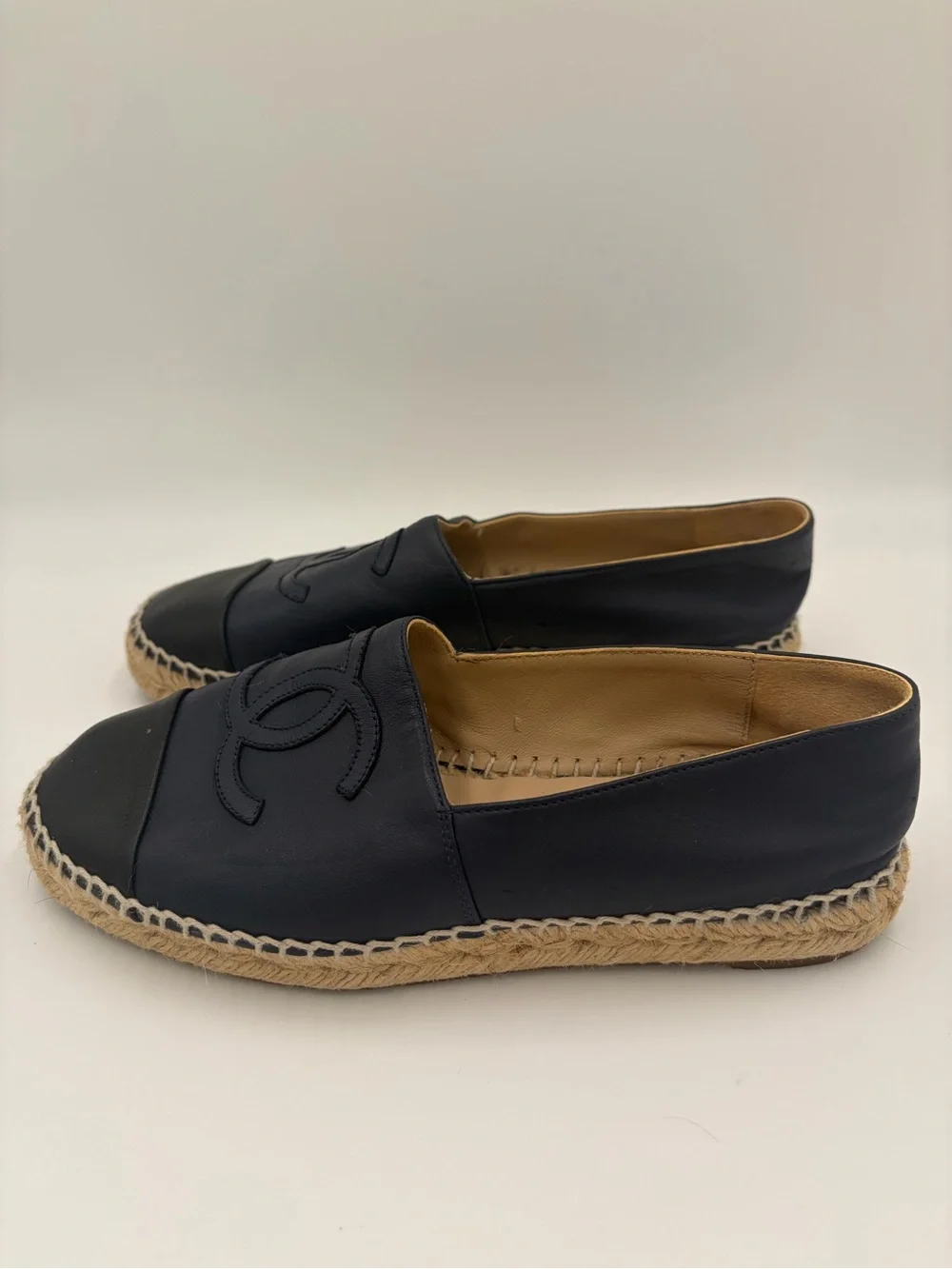 CHANEL Navy and Black  Leather Espadrille Loafer with CC Logo size 37 US 6.5